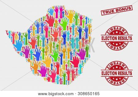 Election Zimbabwe Map And Stamps. Red Rectangle True Bonus Distress Watermark. Colorful Zimbabwe Map