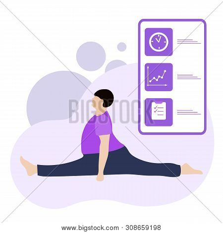 Vector Illustration With Person Does Yoga Exercise, Yoga Pose And Display With Yoga App. Yoga For Ev