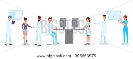 Technology In Medicine Vector Illustrations Set. Young Doctors, Nurses, Medics Cartoon Characters. M