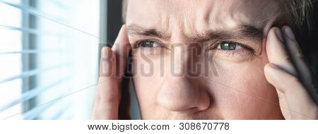 Serious Man With Stress. Ashamed Or Depressed Person. Burnout, Amnesia, Memory Loss Or Ptsd Concept.