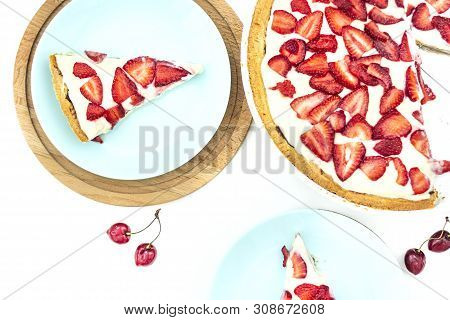 Homemade Backery Pie With Strawberry And Custard. Summer Recipe Delicious Berry Tart. Fruit Cake Ric