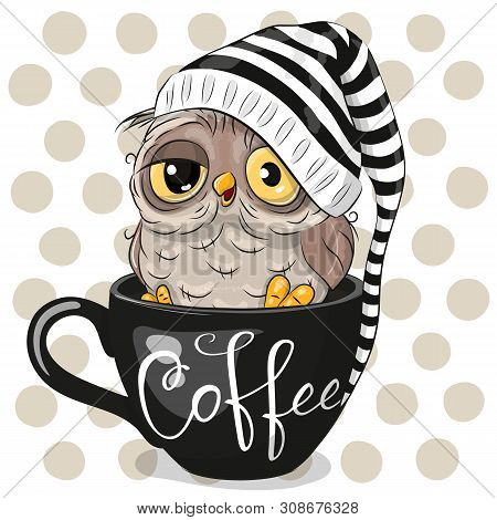 Cute Cartoon Owl Is Sitting In A Cup Of Coffee