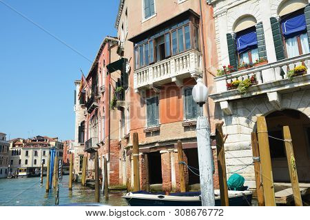 Venice, Italy - June 11, 2019 - Beautiful Viewold Buildings On Grand Canal Venice Street, Italy. Vap