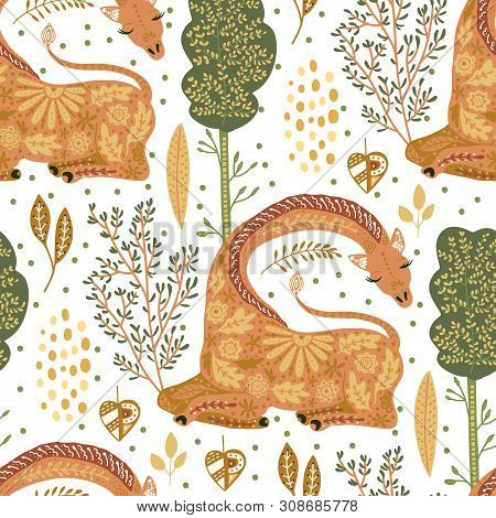 Seamless Pattern With Cartoon Giraffe Vector Flat Illustration In Scandinavian Style. Cute African D