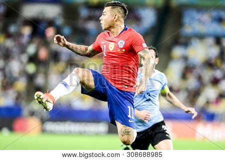 Rio De Janeiro, Brazil - June 24, 2019: Vargas Rojas Of Chile Kicks The Ball During  The 2019 Americ