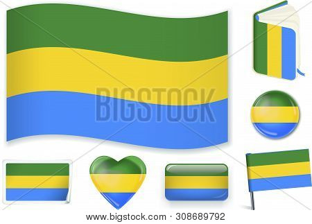 Gabonian Flag In Seven Shapes. Editable With Separate Layers.