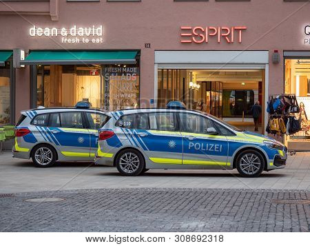 Augsburg, Germany - March 26, 2019: German Police Car From The State Of Bavaria With The Letters Pol