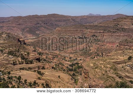 Landscape In Gheralta In Tigray, Northern Ethiopia, Africa. Trip From Axum To Gheralta