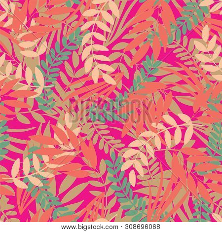 Vector Tropical Leaves Seamless Pattern On Bright Pink Background