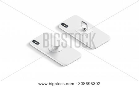 Blank White Finger Grip And Pop Socket On Phone Lying, Isolated, Side View, 3d Rendering. Empty Stic