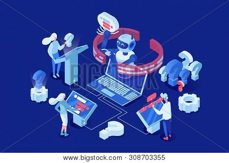 Artificial Intelligence Vector Isometric Illustration. People, Clients Chatting With Chatbot 3d Cart