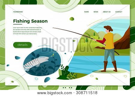 Vector Illustration - Fisherman On River With Rod, Fish Under Water. Forests, Trees, Mountains And H