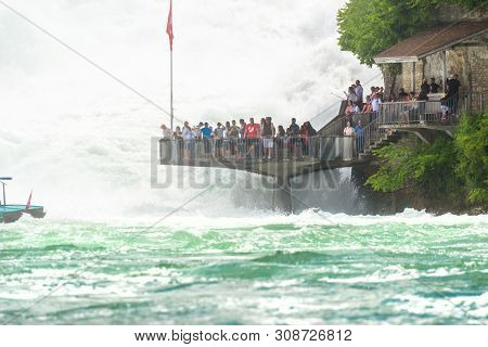 Neuhausen Am Rheinfall, Switzerland - 23 July 2019. Waterfall On The River Rhine In The City Neuhaus