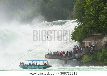 Neuhausen Am Rheinfall, Switzerland - 23 July 2019. Waterfall On The River Rhine In The City Neuhaus