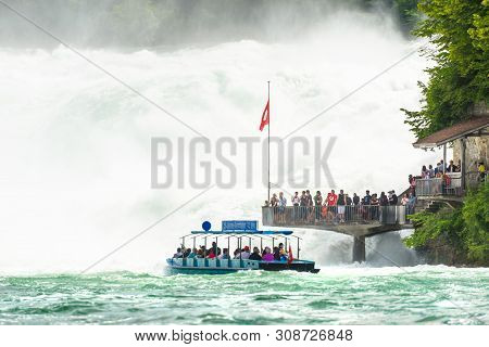 Neuhausen Am Rheinfall, Switzerland - 23 July 2019. Waterfall On The River Rhine In The City Neuhaus