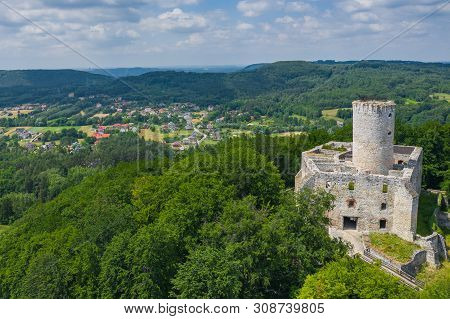 Babice, Poland - June 28, 2019: Aerial View Of Lipowiec Castle.. Historic Castle Lipowiec And Antiqu