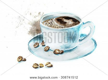 Hand Drawn Illustration Of A Cup Of Espresso Coffee In A Blue Cup Isolated On White Background