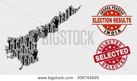 Political Andhra Pradesh State Map And Seal Stamps. Red Round Selected Scratched Seal. Black Andhra 