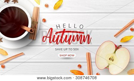 Autumn Sale Promo Banner Template. Top View On Composition With Coffee Cup, Sliced Apple, Rowan Berr
