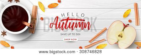 Promo Banner Template For Autumn Sale. Top View On Composition With Coffee Cup, Sliced Apple, Rowan 