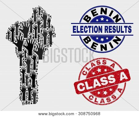 Ballot Benin Map And Seal Stamps. Red Round Class A Textured Seal. Black Benin Map Mosaic Of Raised 