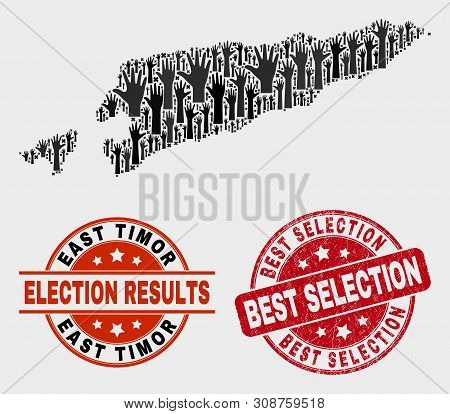 Democracy East Timor Map And Seal Stamps. Red Rounded Best Selection Textured Seal Stamp. Black East