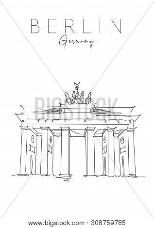 Poster Brandenburg Gate Lettering Berlin, Germany Drawing In Pen Line Style On White Background