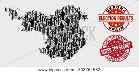 Electoral Gerona Province Map And Seals. Red Round Super Top Secret Grunge Stamp. Black Gerona Provi
