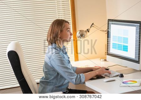 Graphic Designer Sitting At Work. Illustrator. Web Designer. Freelancer
