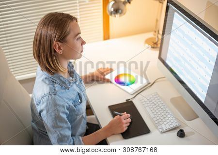Girl Graphic Web Designer. Working On A Project. Work With Color. Freelance Designer