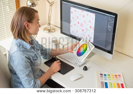 Girl Graphic Web Designer. Working On A Project. Work With Color. Freelance Designer