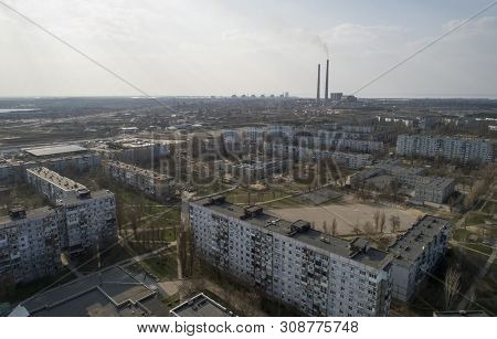 Aerial View Of Town, Nuclear Power Station, Thermal Power Station And Sky. Top View.