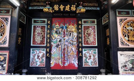 Melaka, Malaysia - 25 Jun, 2019: Beautiful Entrance Of Hokkien Huay Kuan Temple Located In Jonker St