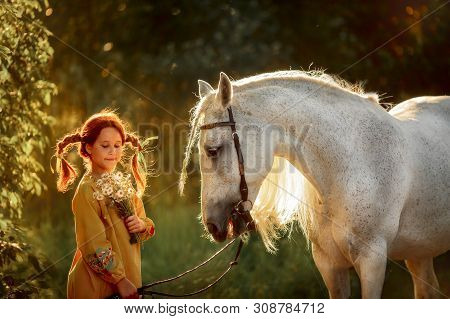 Red Haired Cute Girl With Grey Horse In Pippi Longstocking Style