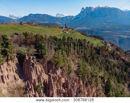Natural Earth Pyramids In Renon Ritten Italy. Aerial View