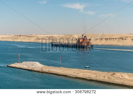 Ismailia, Egypt - November 5, 2017: Oil Products Tanker Torm Alexandra Vessel Passing The New Suez C