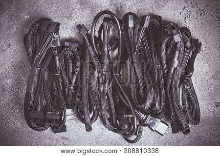 Psu Cables For Computer Power Supply On Dark Background