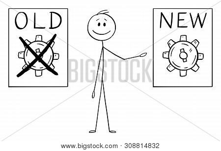 Vector Cartoon Stick Figure Drawing Conceptual Illustration Of Man Or Businessman Showing Old And Ne