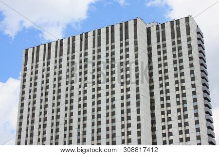 Classic Soviet Architecture Close Up View Of Old House Exterior Built In Minimalit Style In Moscow, 