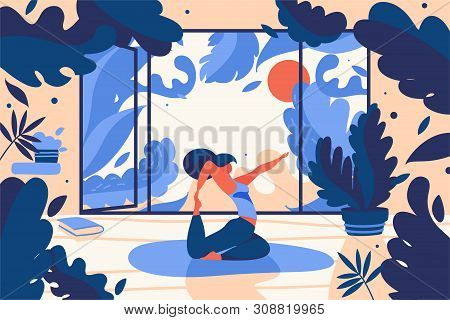 Young Girl Doing Yoga Asana Training At Home In Front Of Window And Greenery In Room. Concept Vector