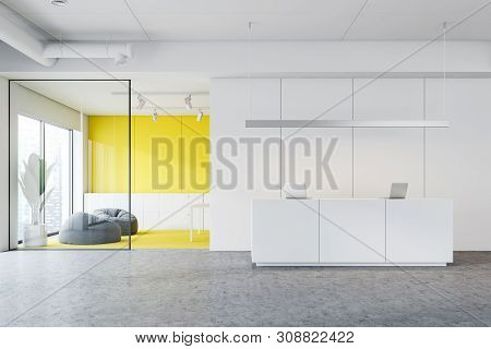 White And Yellow Office Reception And Waiting Area