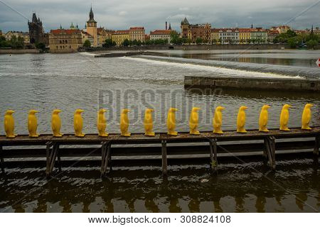 Prague, Czech Republic: The Penguins Installation By The Cracking Art Group At Kampa Park, Prague.