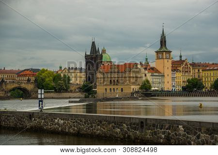 Prague, Czech Republic: Beautiful Landscape Overlooking The Famous Charles Bridge And Vltava River