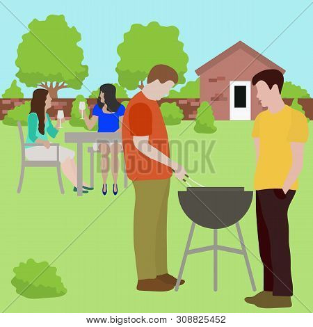 Vector Illustration With People Having Bbq Party In The Backyard. Bbq Party Background. Family, Frie