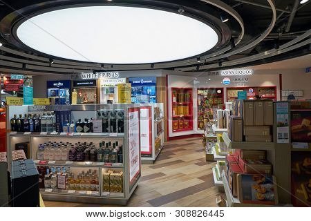 HONG KONG, CHINA - ARPIL, 2019: interior shot of Duty Free area in Hong Kong International Airport.