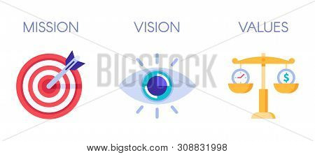 Mission, Vision And Values. Business Strategy Icons, Company Value And Success Rules. Responsibility