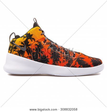 Vienna, Austria - August 25, 2017: Nike Hyperfr3sh Qs Palm Print Orange And Black Sneaker On White B