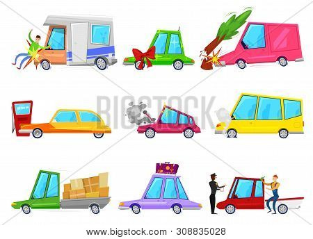 Cartoon Car Accident Comic Minicar And Broken Vehicle After Automobile Accident With Pedestrian Char