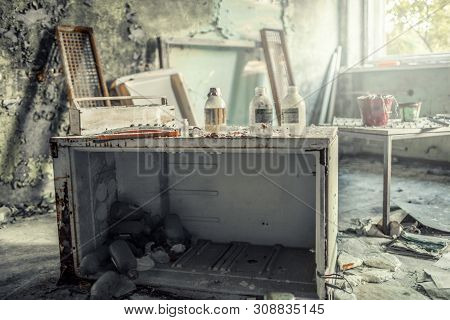 Ukraine, Pripyat - August 19, 2017: Medicines In Abandoned Medical Sanitary Unit Number 126.