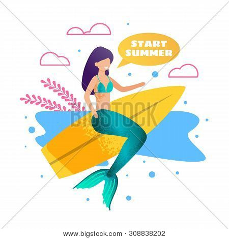 Mermaid On Surfboard Metaphor Advertising Banner. Cartoon Seafish Character Surfing And Motivating T